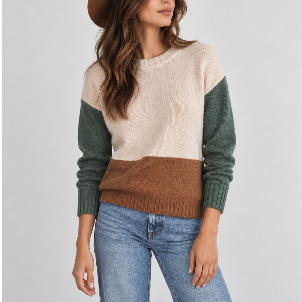 Baltic Born Randi Color Block Sweater Women's XS Tan Green Neutral Knit New